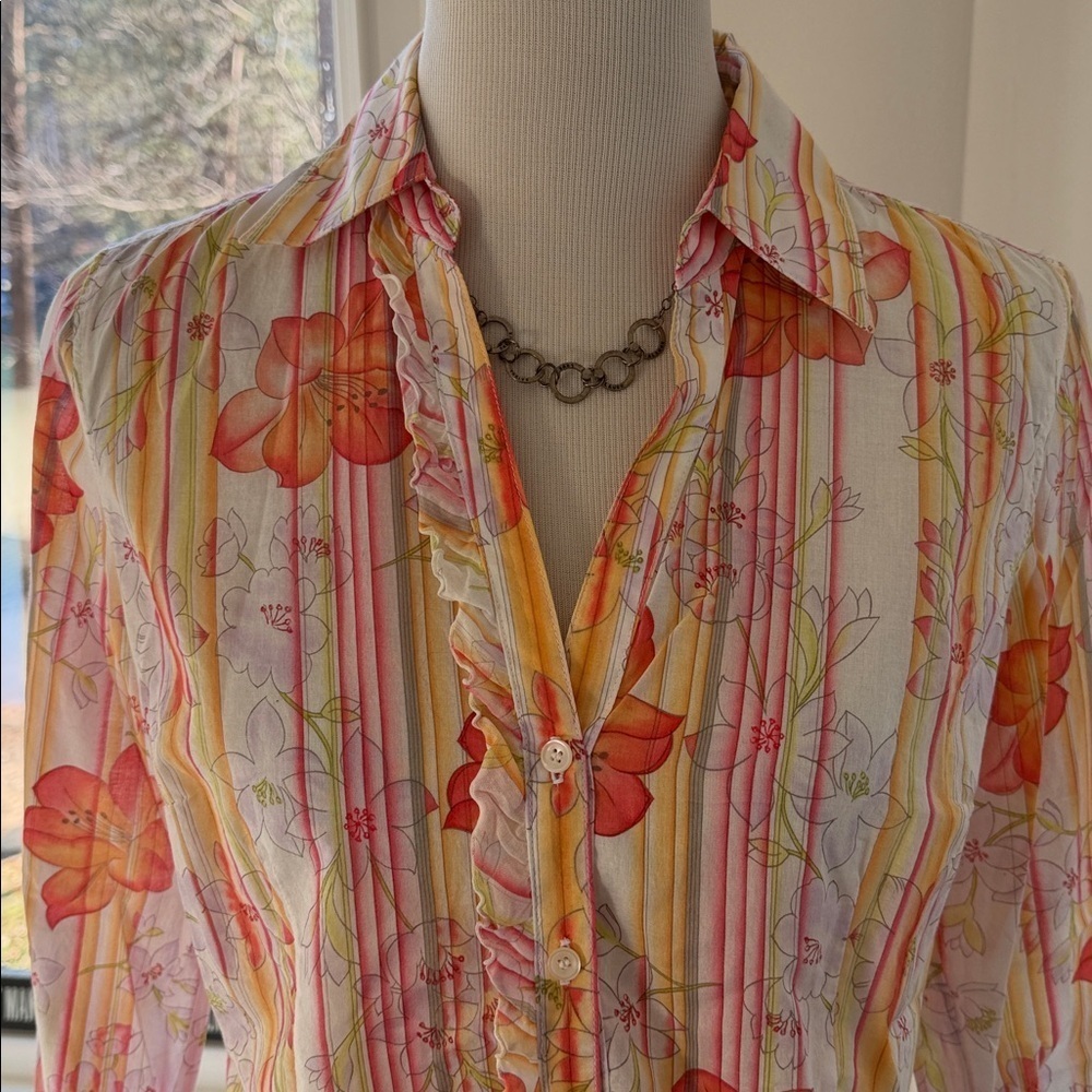 Talbots Pink and Orange Cotton Floral Ruffle Button-Down Shirt, Size Small, NWT - Picture 2 of 8